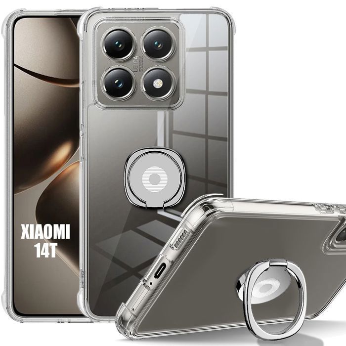 Hülle für Xiaomi 14T, Stoßfestes Silikon mit drehbarem silbernen Ständer - Transparent