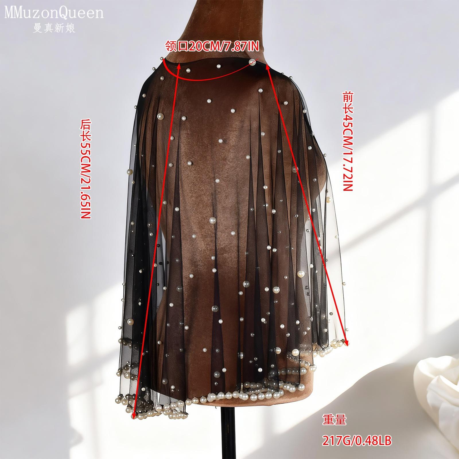 Scattered Pearl Beaded Sheer Tulle Bridal Cape Asymmetrical Short Shoulder Wrap 3 Colors White Black Red Wedding Shrug For Bride Evening Party Gown L чёрный