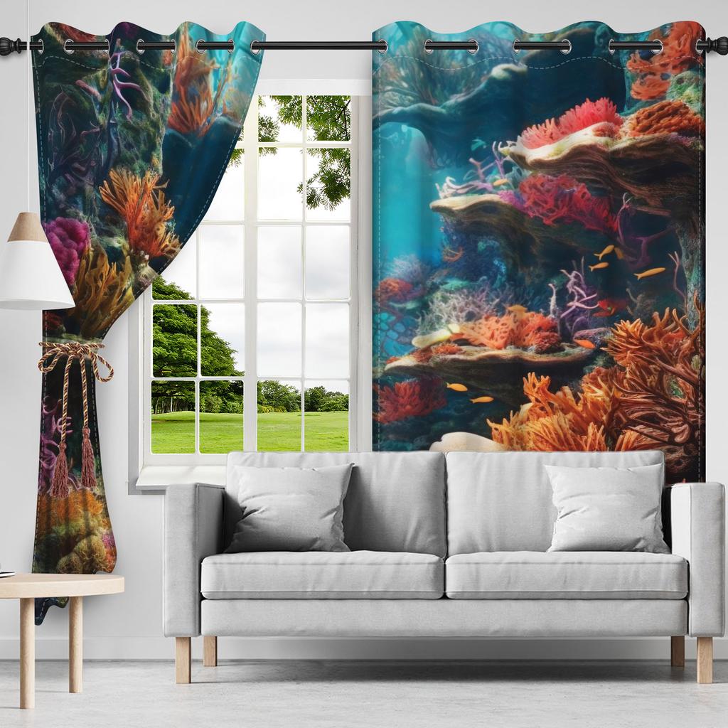 2Pcs Underwater World Pattern Blackout Curtains Coral Fish Window Drapes Thermal Insulated Children Bedroom Living Room Decor