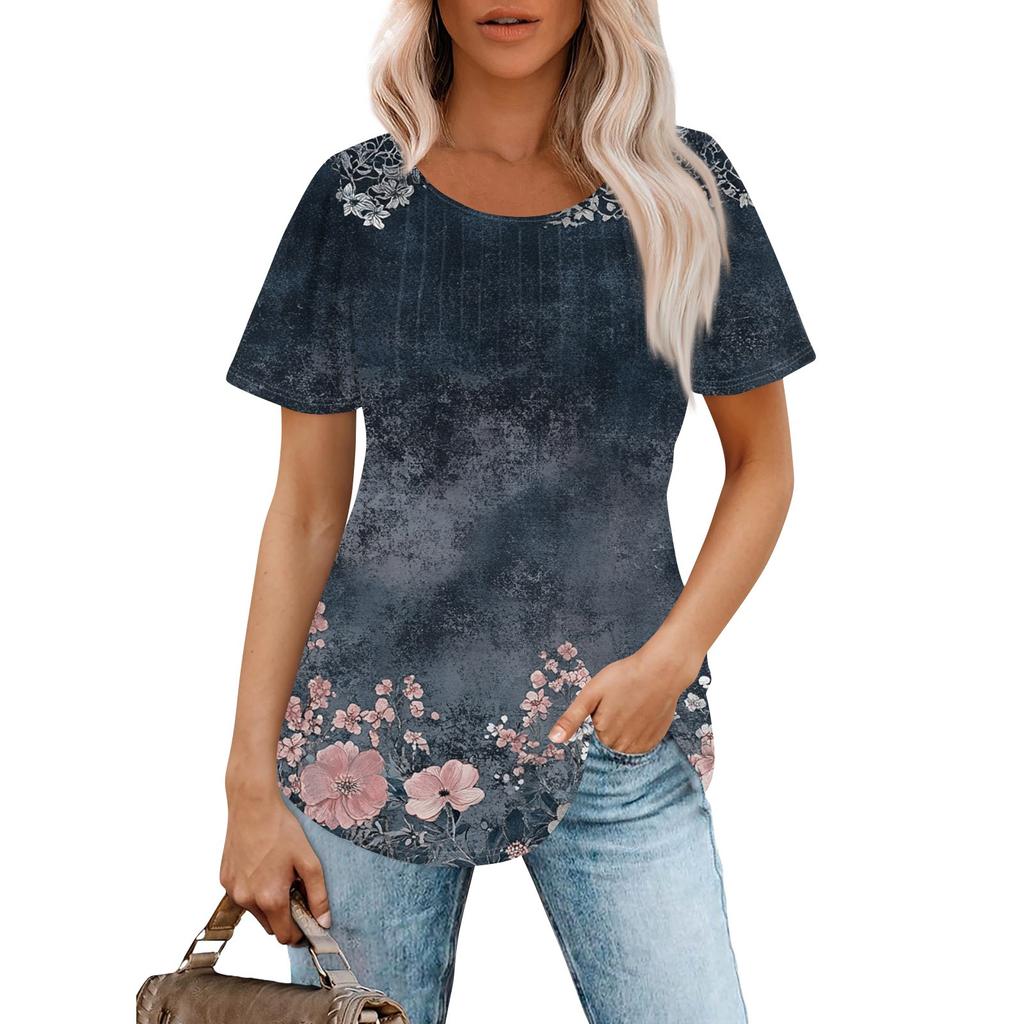 Women's Fashionable Casual Pleated Round Neck Striped Flower Printed Short Sleeved T Shirt Top