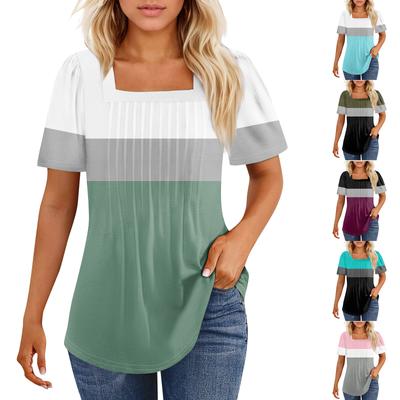 T Shirts For Women Pleated Square Neck Dressy Casual Blouses Printing Short Sleeve Summer Tops Loose Fit