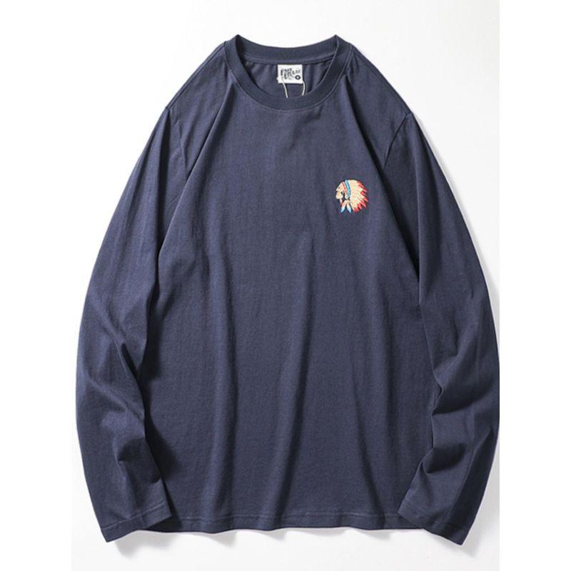 Vintage Cotton Brushed Heavy-Duty Long-Sleeved Embroidered T-shirt