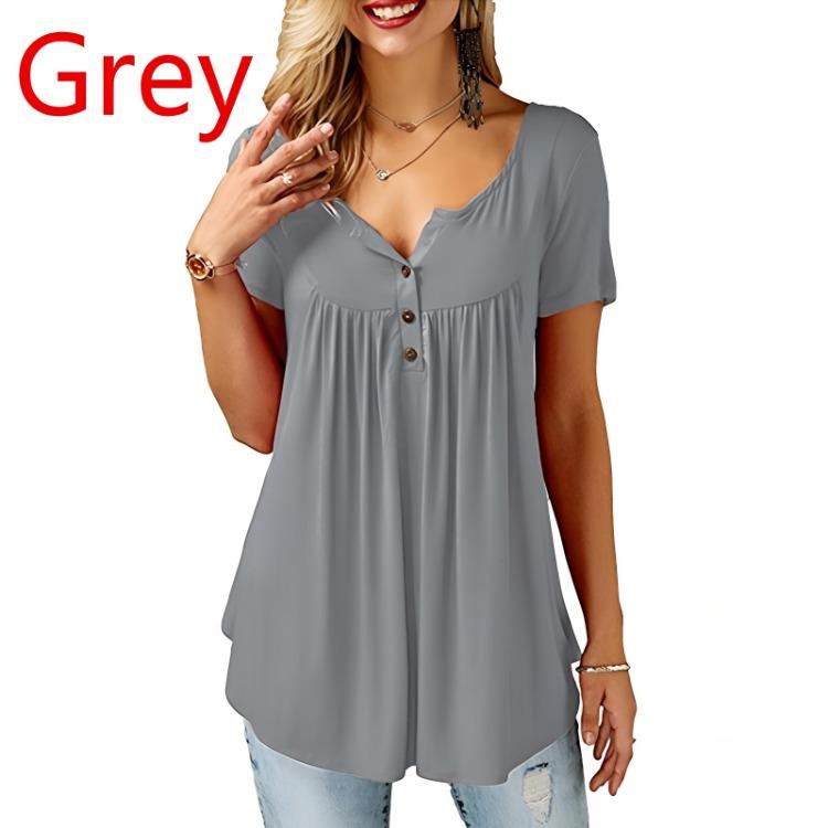 Ladies Casual Women Blouse O Neck Shirts Loose Elastic Short Sleeve Tunic Button Top