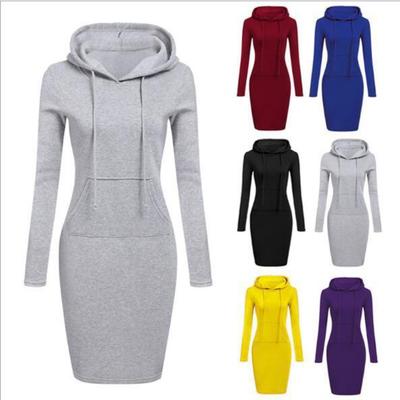 Autumn and Winter New Solid Color Hooded Long-sleeved Ladies Dress, Fashion Sports Street Classic All-match Mid-length Skirt Female Vitality 887
