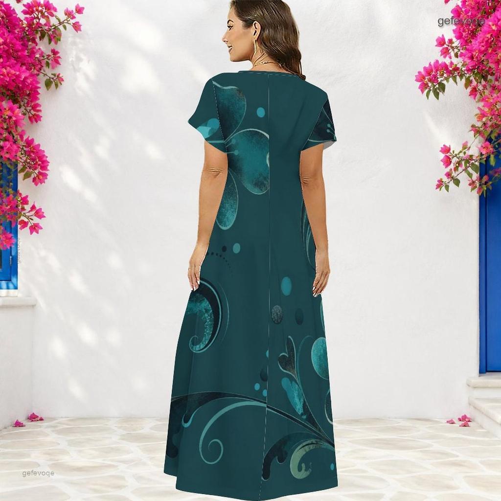 Women Plus Size V Neck Short Sleeve Pink Floral Printed Long Straight Dress