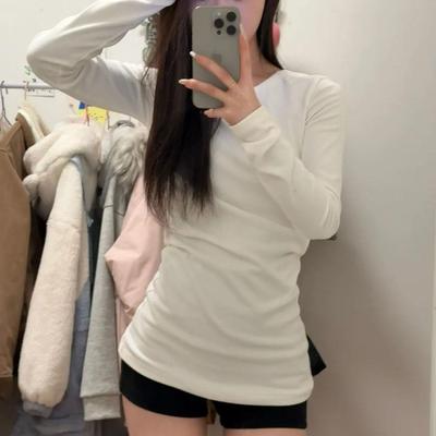 Women's White Mid-Length Long-Sleeve Slim-Fit Cotton Base Layer T-shirt, 2025 New Autumn/Winter Style
