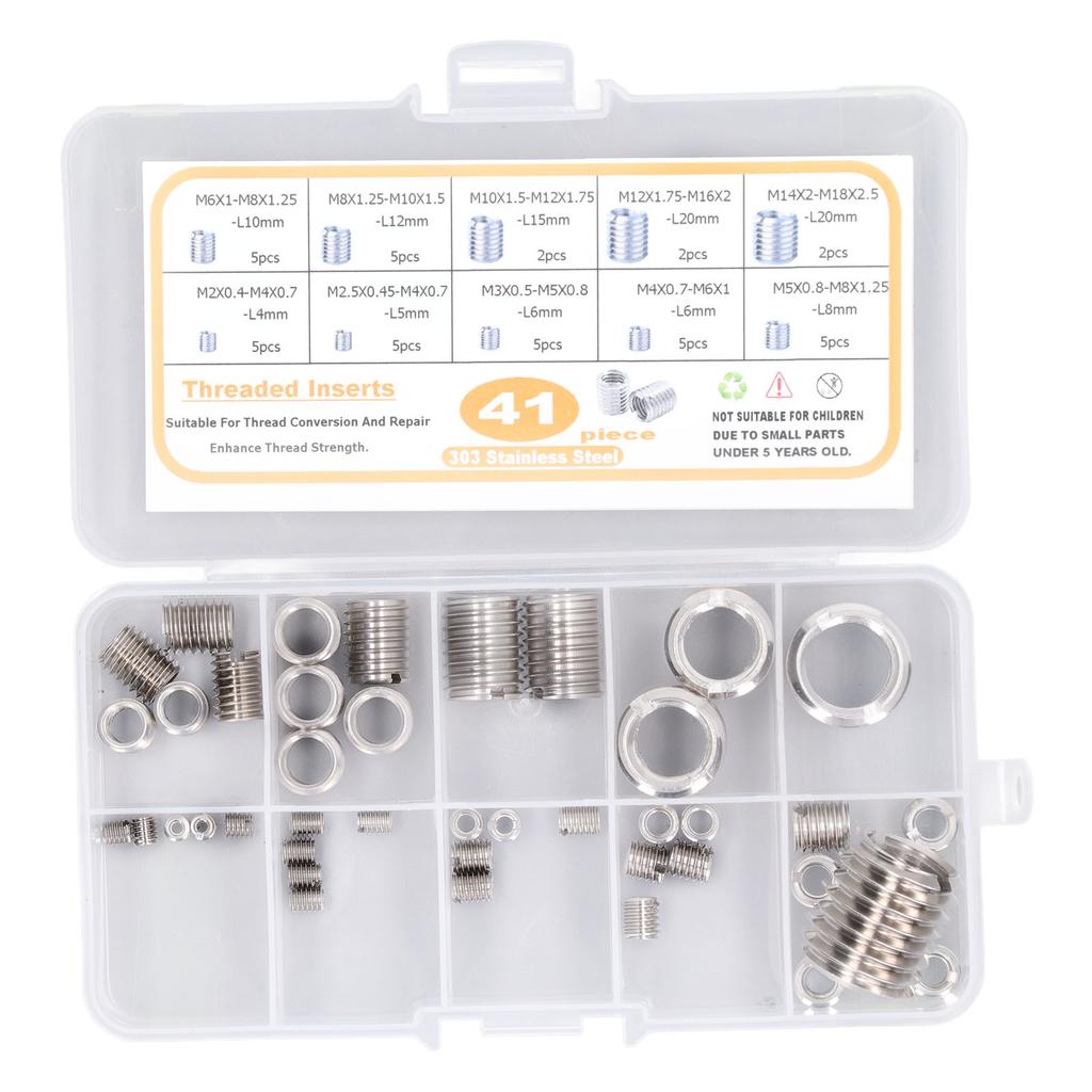 41 Pcs Thread Repair Insert Assortment Kit Stainless Steel M2 To M14 Thread Repair Insert with Storage Box