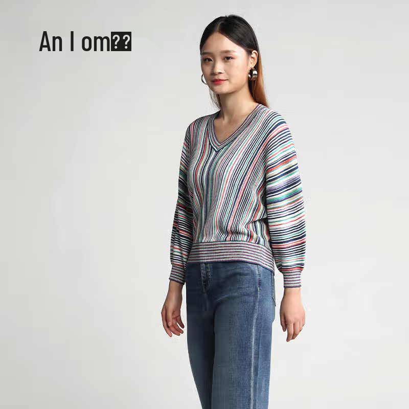 Anlom Women's V-Neck Striped Long-Sleeve Knit Top
