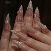 24Pcs Long Almond French Press On Nails With Pink Bow And Flower Design Oval Full Cover Fake Nail Tips