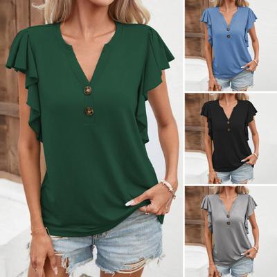 Mulheres T-shirt V-Neck Botões Meia Carcela Tops Babados Manga Curta Pulôver Tops Macio Elástico Sólido