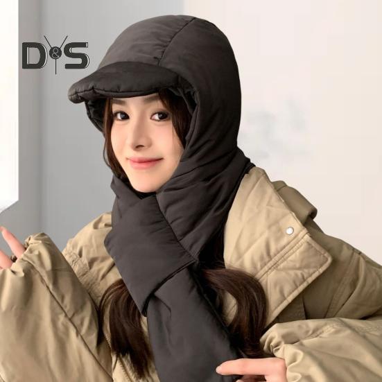 Integrierte Wintermütze und Schal für Damen, dick, warm, gepolstert, winddicht, hohe Elastizität, umfassender Schutz, Outdoor-Reisemütze bei kaltem Wetter