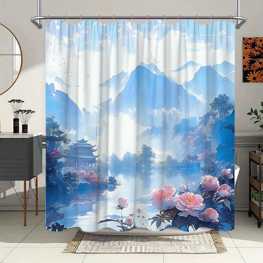 1pc Fantasy Landscape Bath Curtain - Misty Blue Mountains, Pink Cherry Blossoms & East Asian Pagodas Reflective Lake Ethereal