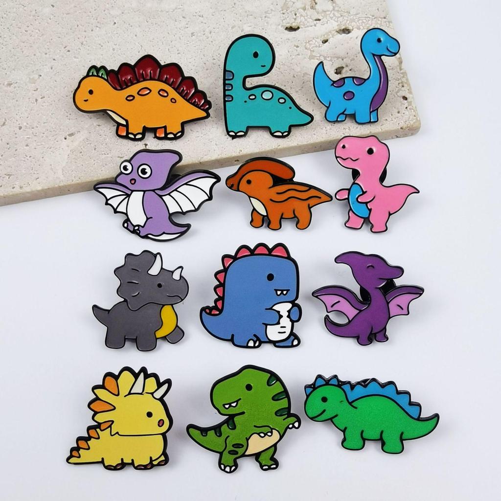 Cute Dinosaur Brooch Set: Triceratops & Brontosaurus Metal Badges for Kids' Clothing or Bag Decoration