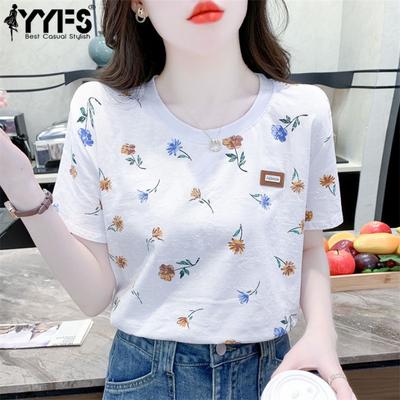 Women's Fashion Casual Summer Spring Flower Pattern Print Short Sleeve O-Neck Blouses & Shirts