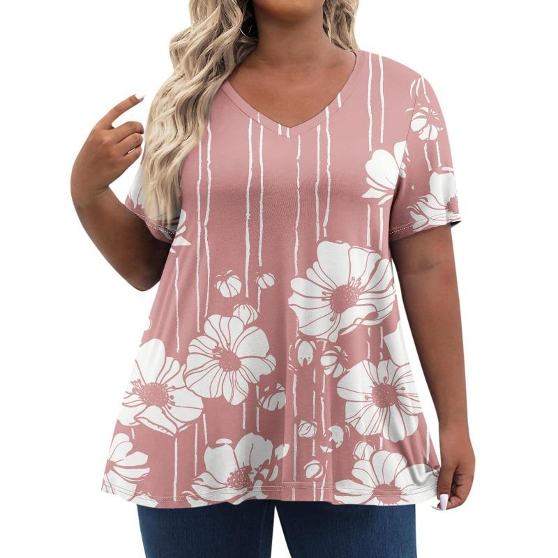 Womens Plus Size Tops Shorts Sleeve Shirts V Neck Casual Clothing Clothes Printed Tops T-Shirts Women’s