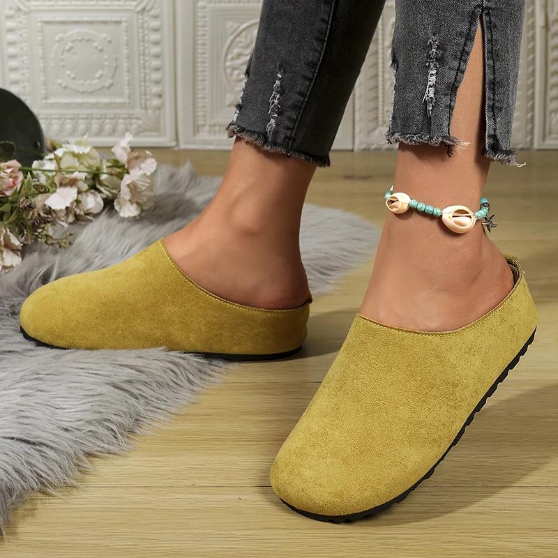 Fashion Spring Round Toe Cork Clogs Slippers for Women Outdoor Cork Footbed Flat Heels Mules Shoes Woman Plus Size Suede Slides Female