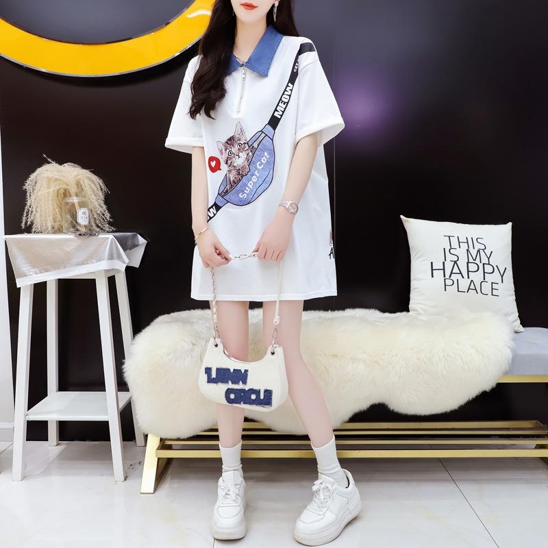 Dámské letní dlouhé volné tričko s krátkým rukávem, dámské ležérní tričko s límcem na krk