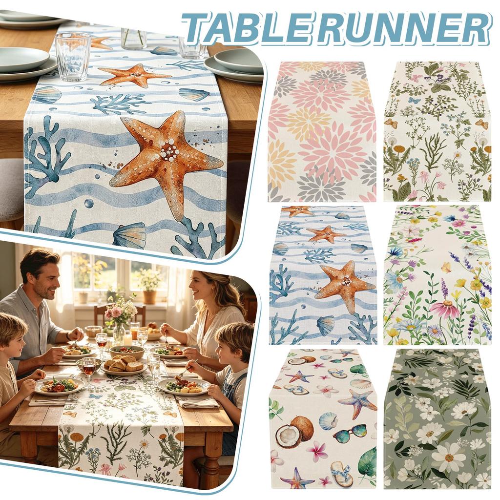 Summer Coastal Seashell Turtle Tablecloth Non Slip Durable Linen Printed Table Runner for Coffee Table Dining Table Decoration