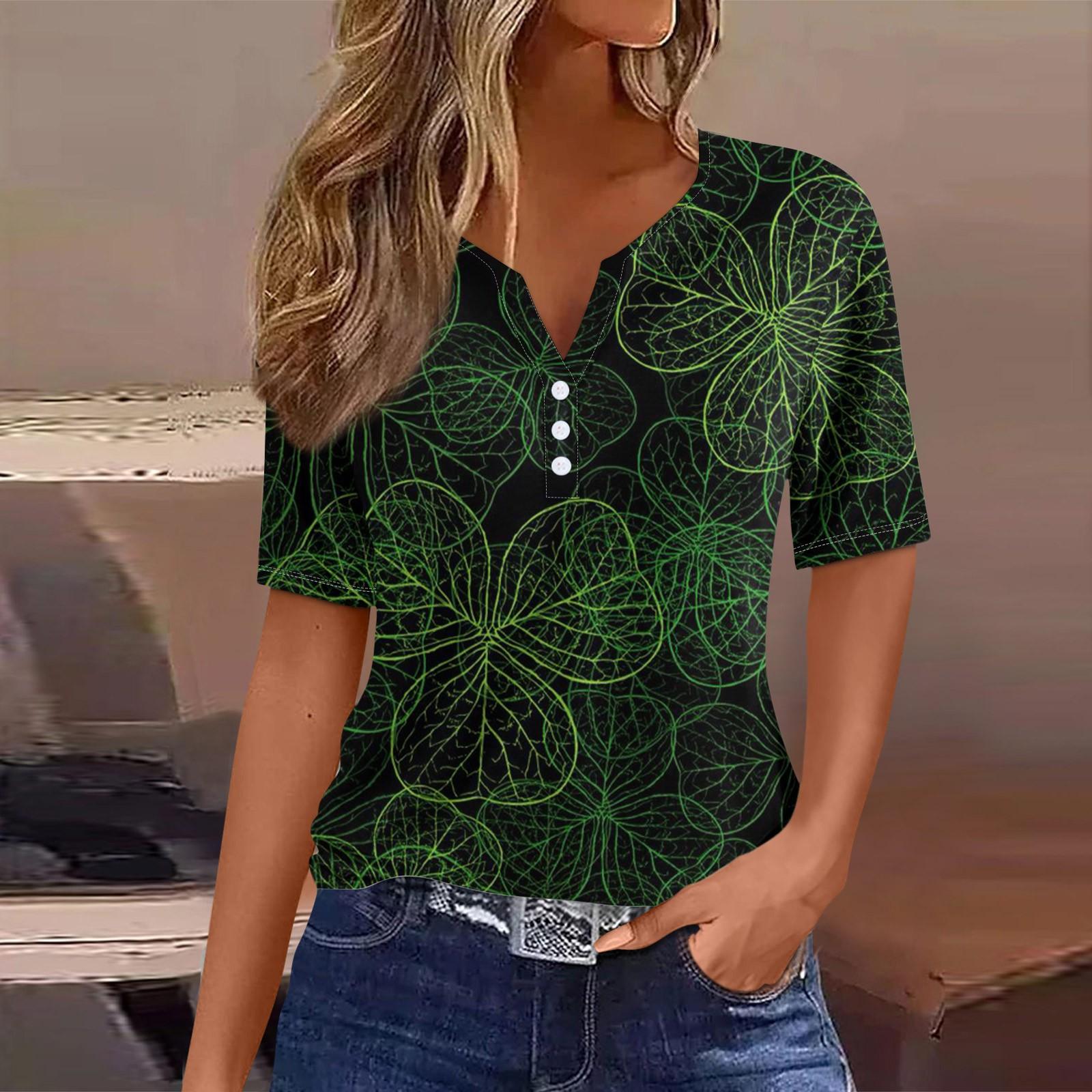 

Женская футболка Tee St. День Святого Патрика Принт Пуговица Короткий рукав Повседневный Выходной Модный Базовый V-образный вырез Обычный Топ L