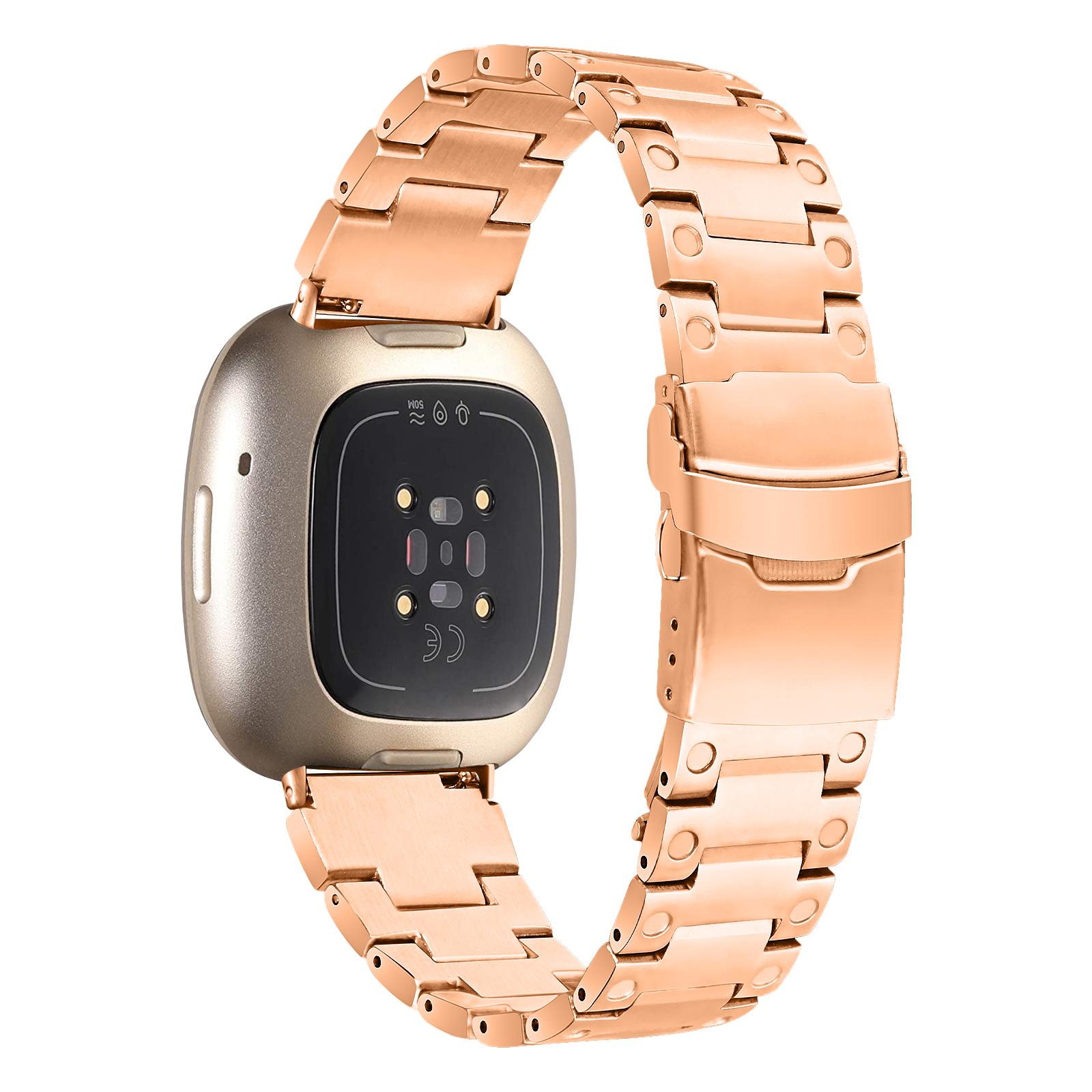 

For Fitbit Versa 3/Sense Watch Strap Three Bead Stainless Steel Wrist Band Replacement Rose Gold