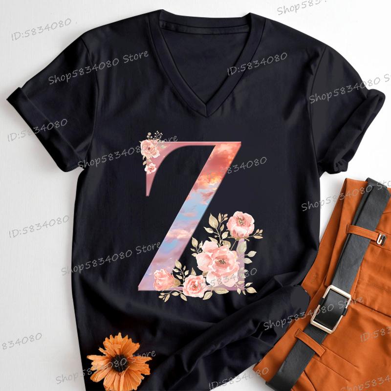 Womens Clothing Pink Flower Alphabet Classic Top Sky Alphabet Cartoon Tshirt FeUnisex Floral Letters A B C D Birthday Gift Shirt