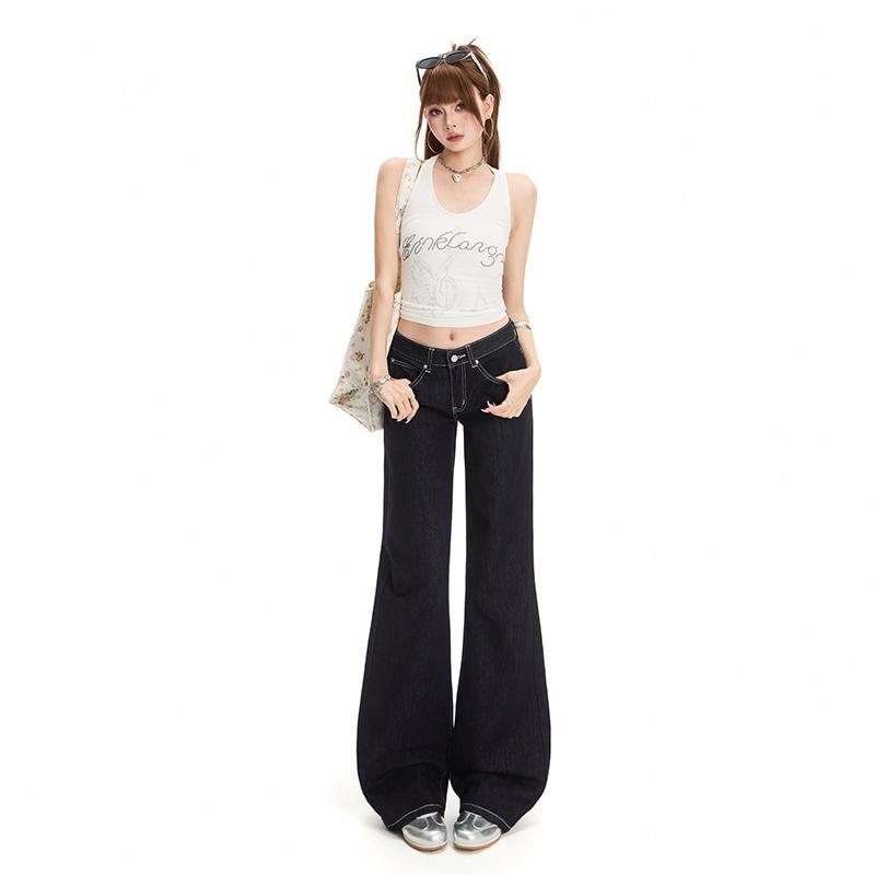 Denim Blue Low Waist Slightly Pulled Jeans Women's Summer New Loose and Skinny Not Sticky Legs Wide Leg Flared Pants