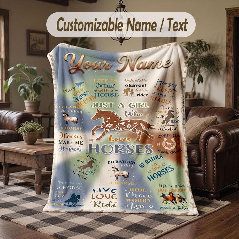 Horse Theme Throw Blanket Custom Name Text Personalized Blanket Soft Cozy Blanket for Home Sofa Bed
