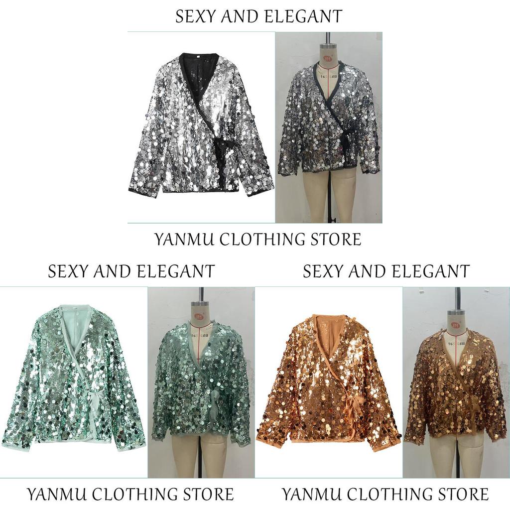 Elegant Polyester Long Sleeve V Neck Blouse With Sequins For Office Women