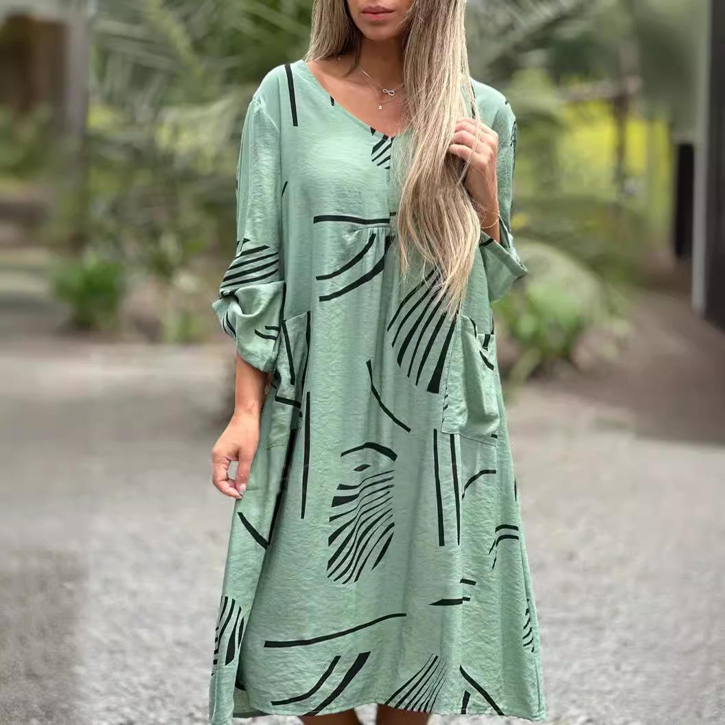 

GMXIA Autumn Women s Fashion Casual High Waist Printed Long Sleeve Large Size Dresses XXXXXL зелёный