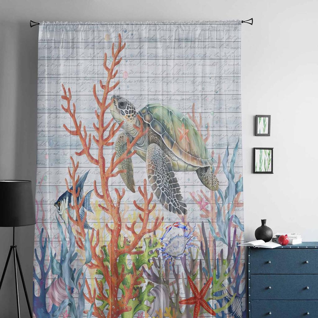 Turtle Coral Fish Starfish Crab Tulle Window Curtains for Bedroom Luxury Home Decor Drapes in Living Room Chiffon Panels