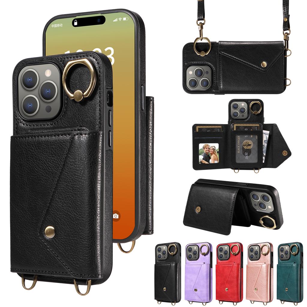 For iPhone 15 Series.for iPhone 15,15 Plus,15 Pro,15 Pro Max Shoulder Strap Rope Ring Bracket Design Card Holder Slots Lichee Pattern Cover Phone Case