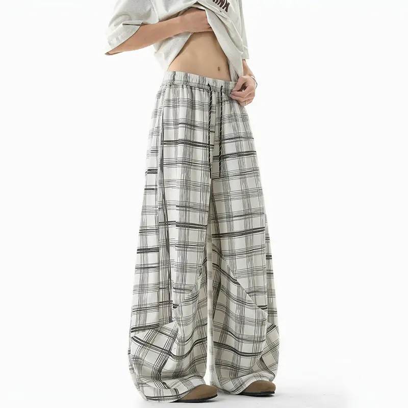 New pants casual pants men's sports plaid striped straight legs long black gray plaid drawstring plaid trousers