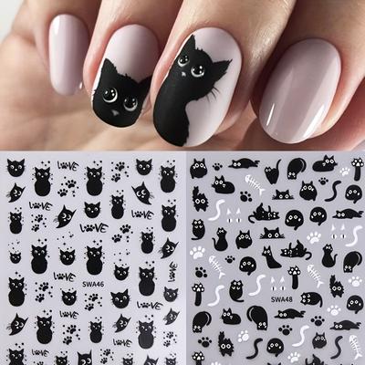 1 Pz Adesivi Nail Art Gatto Nero, Decalcomanie Autoadesive Animali Cartone Animato Halloween, Decorazioni Artistiche da Salone per Unghie Fai da Te Stampa Animale