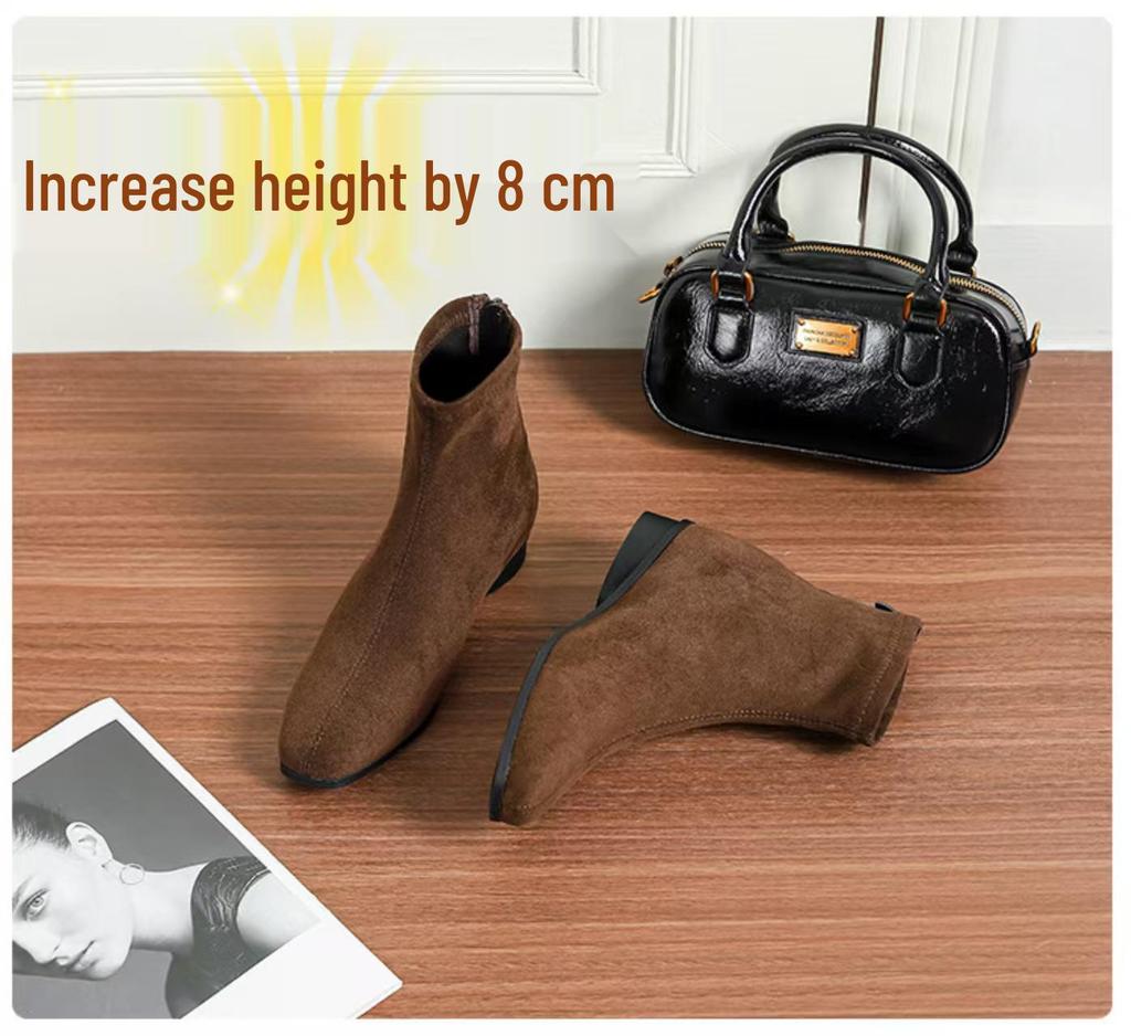 Grape Mom's Korean Retro Square Toe Suede Martin Boots for Women - Versatile Chunky Heel, Height-Enhancing, Autumn/Winter Short Boots