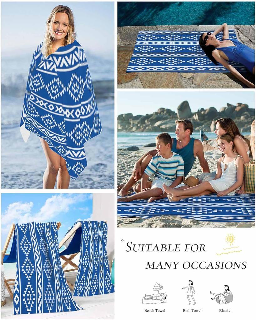 Strandtuch Blau Tribal Geometrisch Badehandtücher Poolhandtücher Abstrakt Boho Ethnisch Weich Saugfähig Strandtuch Leicht Groß Schnelltrocknend
