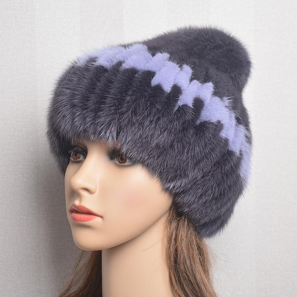 Genuine Real Natural Knitted Mink Fur Hat Luxury Women Handmade Knit Fashion Winter Warm Headwear Beanies Cap