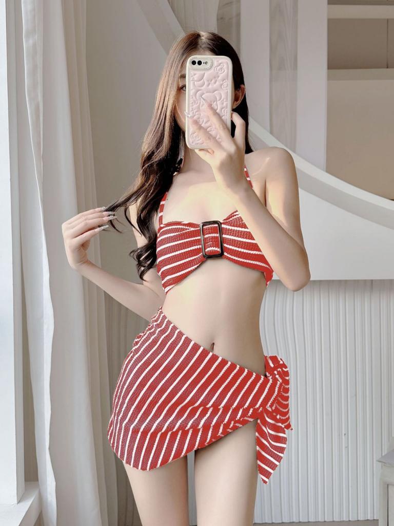 Swimsuit New Bikini Swimsuit Suspender Vest Women's Senior Sense Striped Sexy Seaside Vacation Hot Spring Three-piece Set