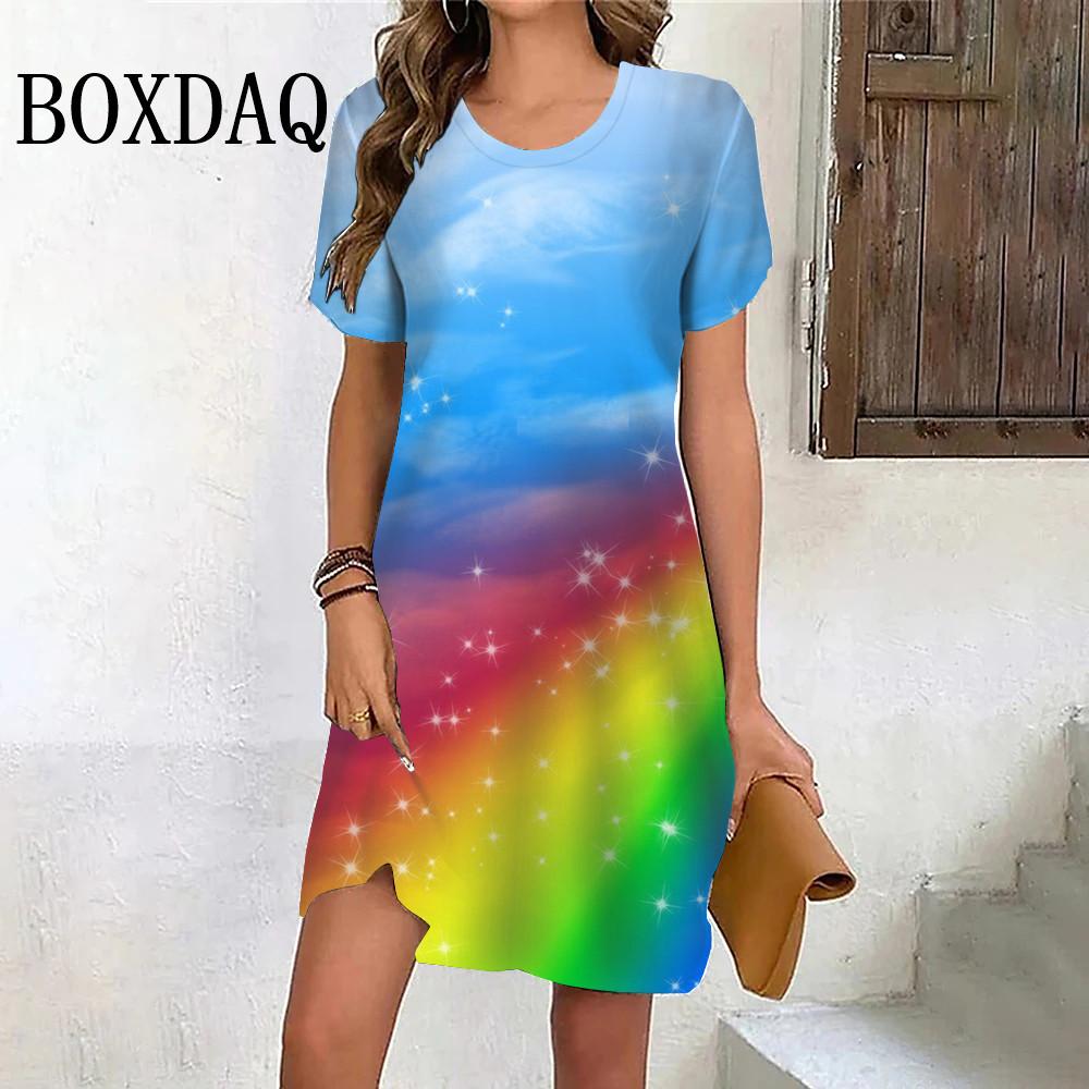Rainbow Gradient 3D Print Women s Dress Summer Casual Sweet Short Sleeve Dress Fashion Streetwear Round Neck Mini Ladies Dresses XL