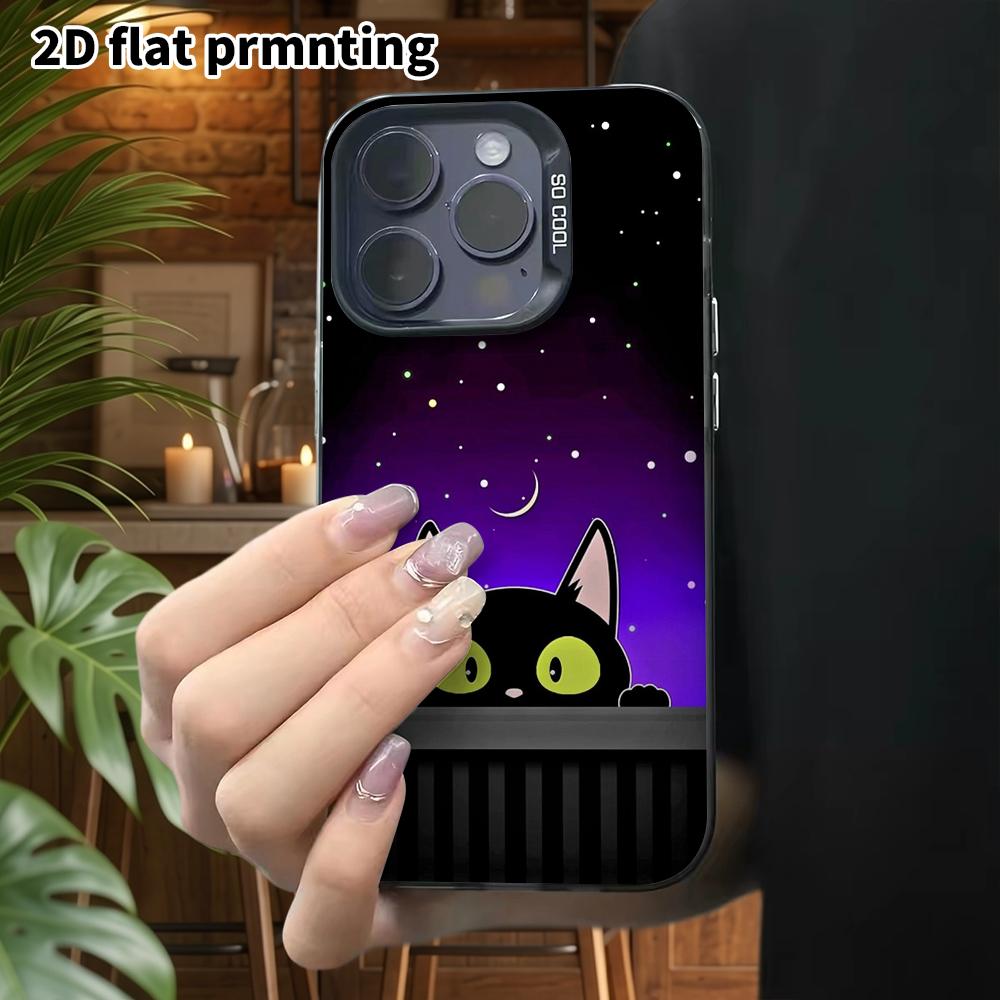 Phone Case: 2D Flat Design Suitable for iPhone 18 17 16 15 14 13 Pro, Colorful Silver Protective Case, Couple Style, Peeking Little Black Cat, Christm