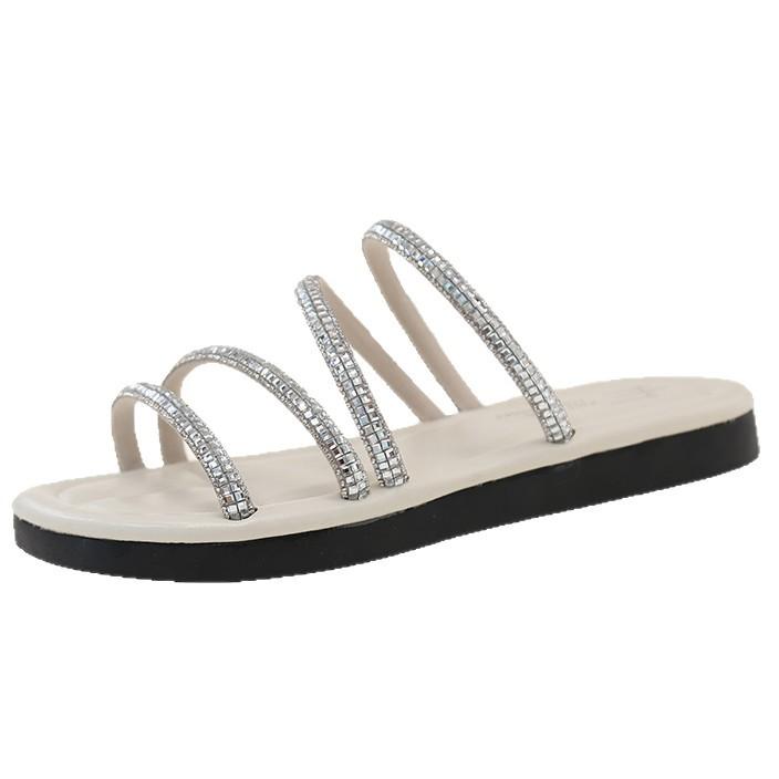 Rhinestone slippers women's summer wear 2025 new Internet celebrity versatile niche high-end flat bottom cool beach mop