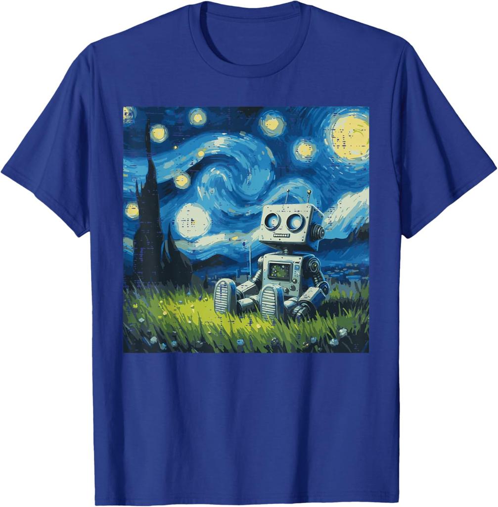 Starry Night Robot Graphic Tee Cotton Round Neck Casual TShirt Art Painting Print Tops for Men Women
