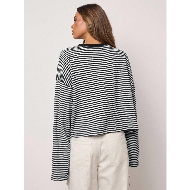 Womens Striped Knit Long Sleeve Loose T Shirt