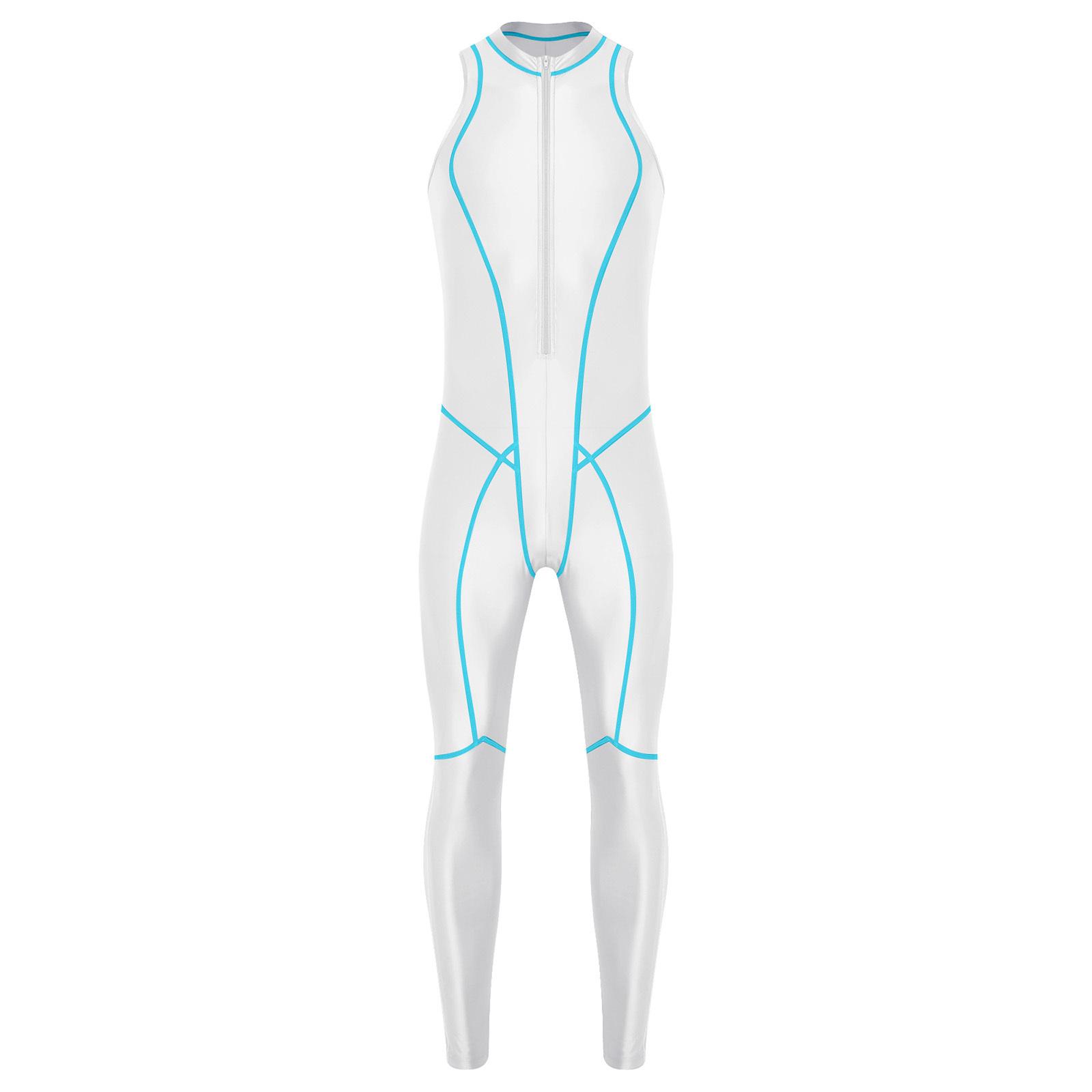 

Mens Shiny Unitard Swimwear Front Zipper Sleeveless Bodysuit Leggings Flat Seams Jumpsuit S білий