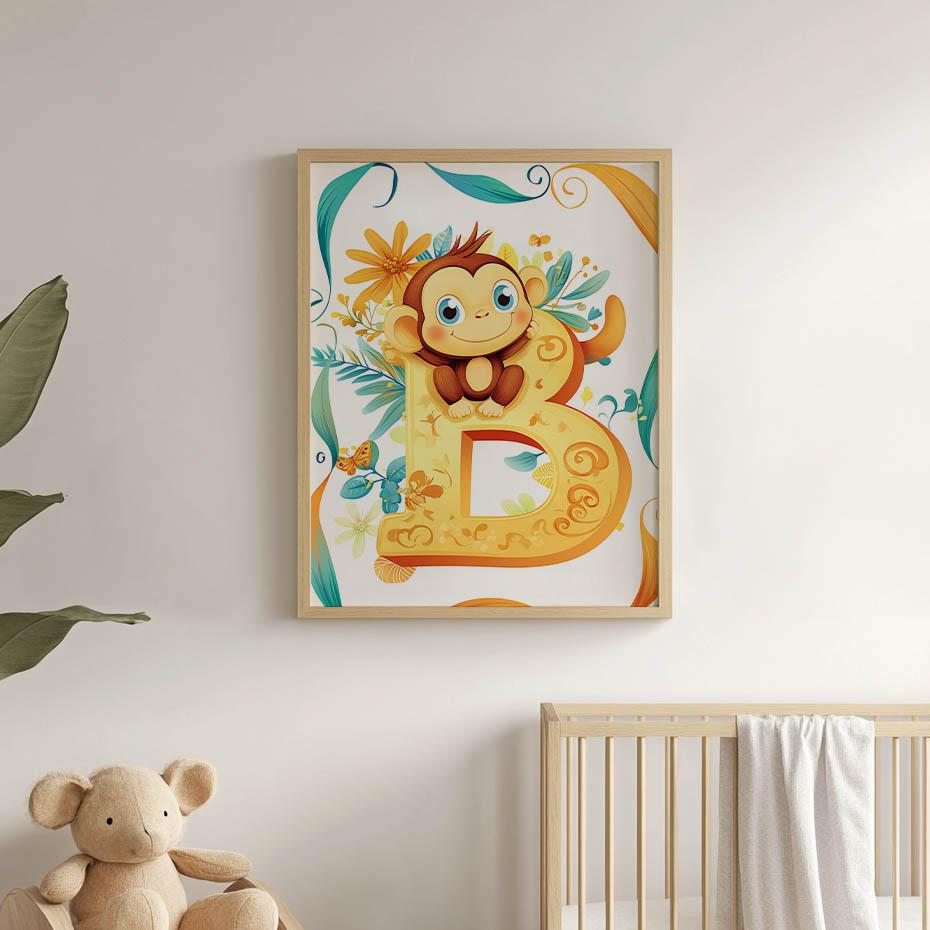 Plakat Wesoła Małpka Na Literze B Plakat Wesoła Małpka Na Literze B, 40X50 Cm, Rama Aluminiowa Czarna, Papier Matowy 230 Gsm