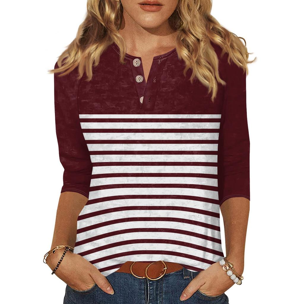 T-shirt imprimé boutonné à manches 3/4 pour femme - Haut basique à col en V - Mode quotidienne - Week-end