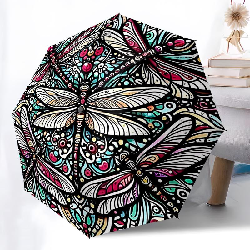 Green Dragonfly Themed Folding Umbrella Fashion Auto-Open 8 Iron Ribs Plastic Handle Foldable Sunshade Perfect Christmas Gifts