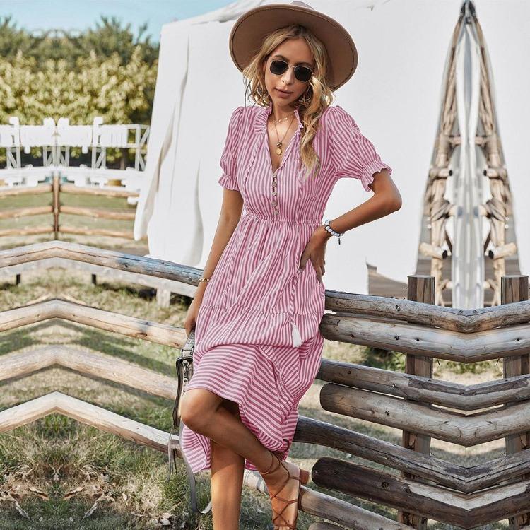 Women Summer Casual V Neck Striped Short Sleeve Button Dress Medium Long With Tassel
