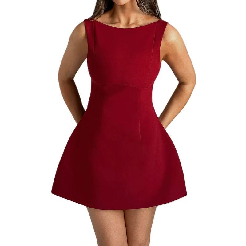 

Fashion Wind New Sexy Solid Color round Neck Sleeveless Backless Slim Fit Dress Sexy Backless Dress Burgundy S