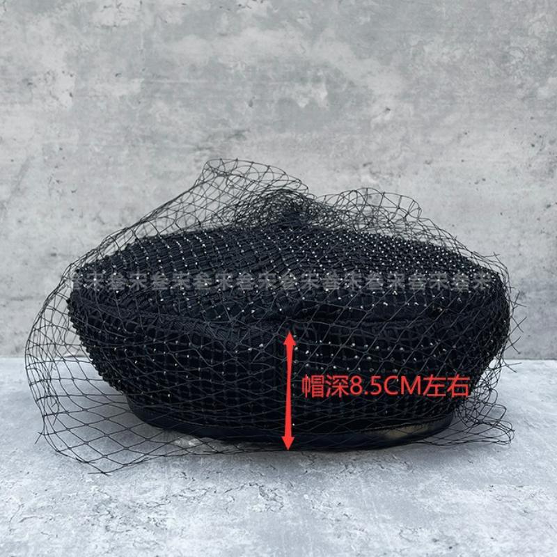 Korean Mesh Rhinestone Beret Black Elegant Temperament All Match Pumpkin Hat Retro Fashion Painter Hat
