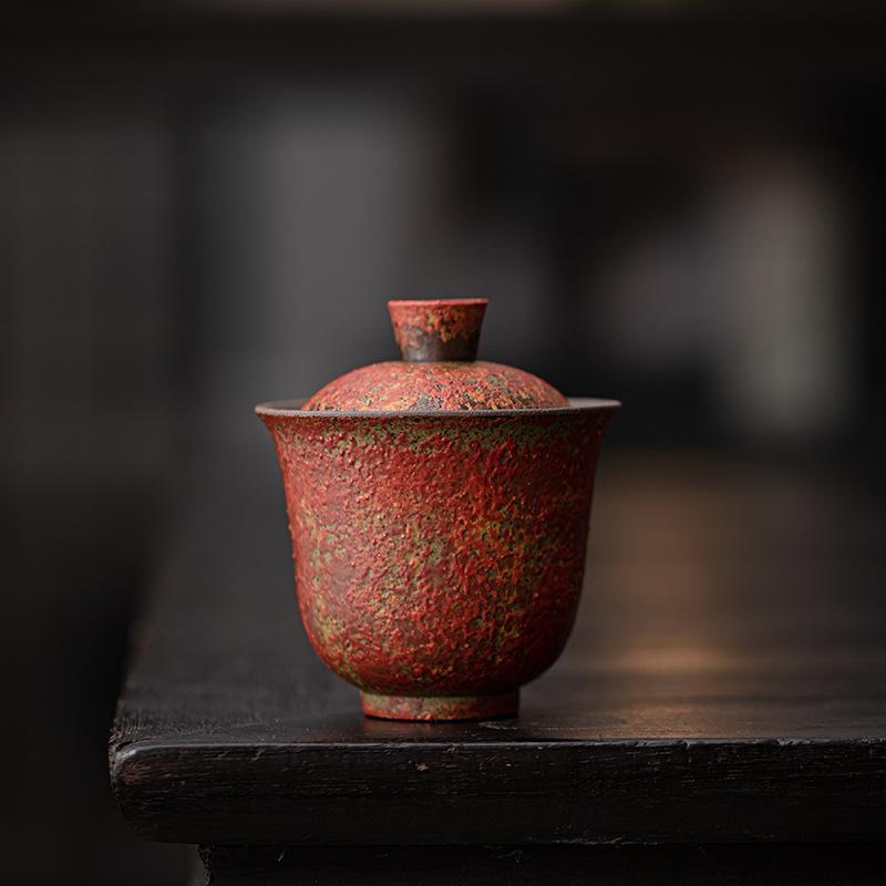 Piec Zmiana Czerwona Stara Glina Skalna Gaiwan Retro Tureenka do Herbaty Filiżanka do Herbaty z Pokrywką Zestaw Pokrywka do zaparzacza Herbaty Miska Dekoracja Zestawu do Herbaty Kung Fu